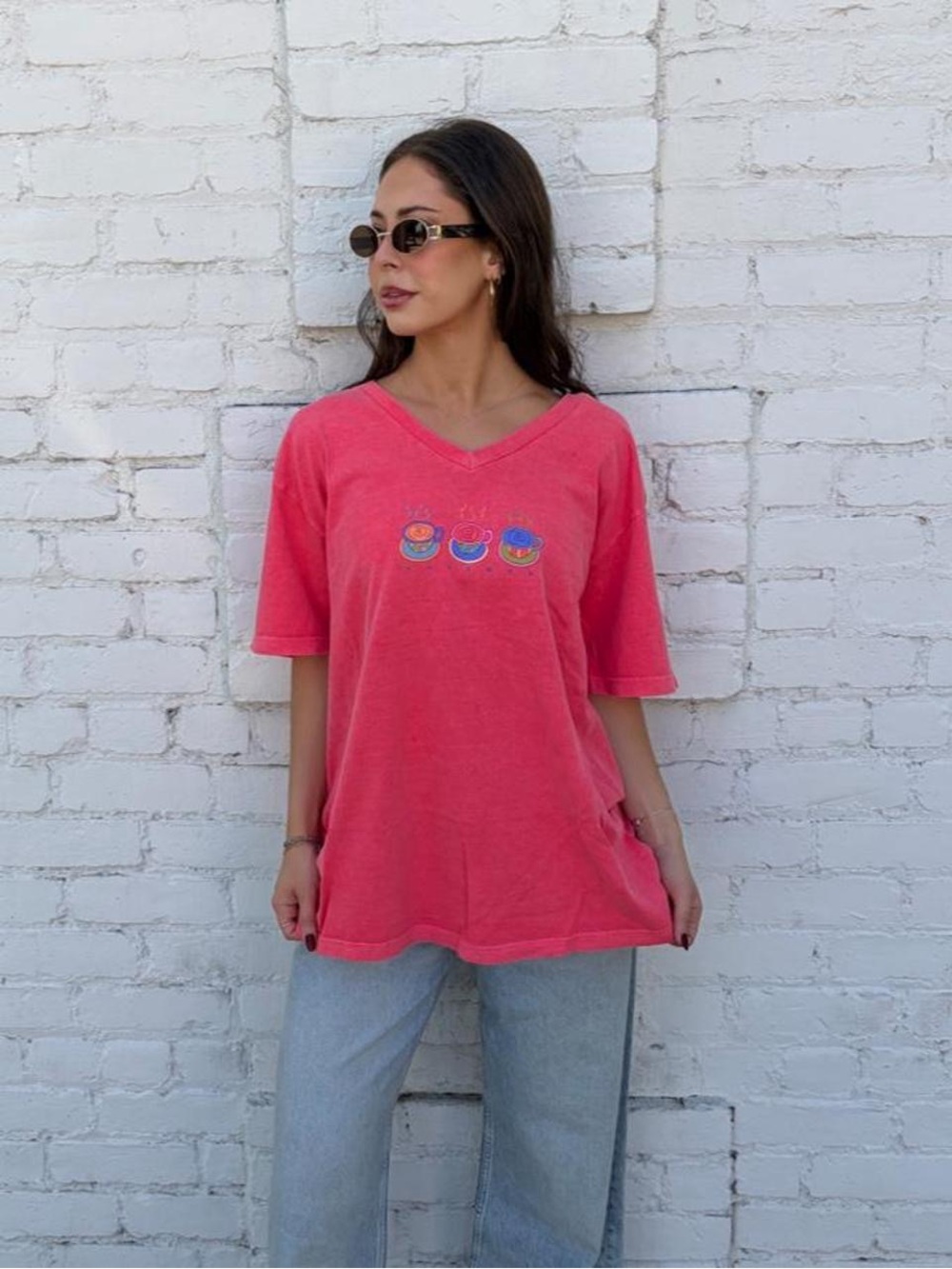 Pink vintage 90s fresh produce graphic tee with three cartoon coffee cups Sz XL